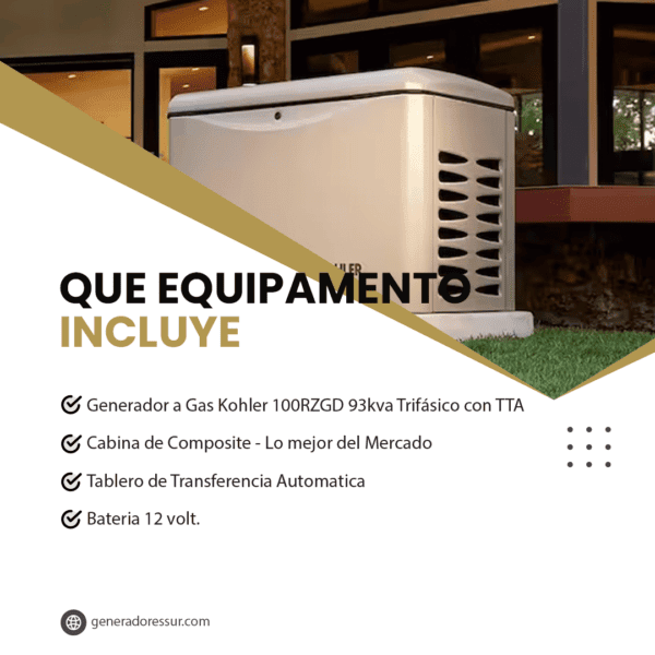 Grupo Electrógeno a Gas 100RZGD 93kva Trifásico con TTA Kohler - Imagen 2
