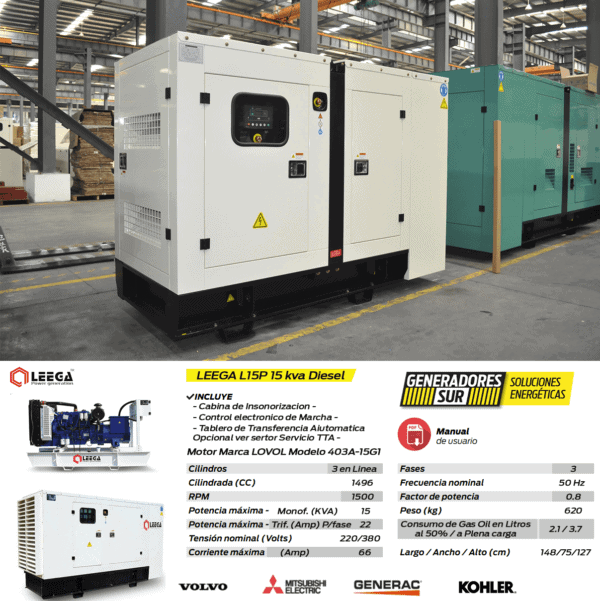 Generador Leega Diésel Trifásico Cabinado LG16P 16 KVA - Imagen 2