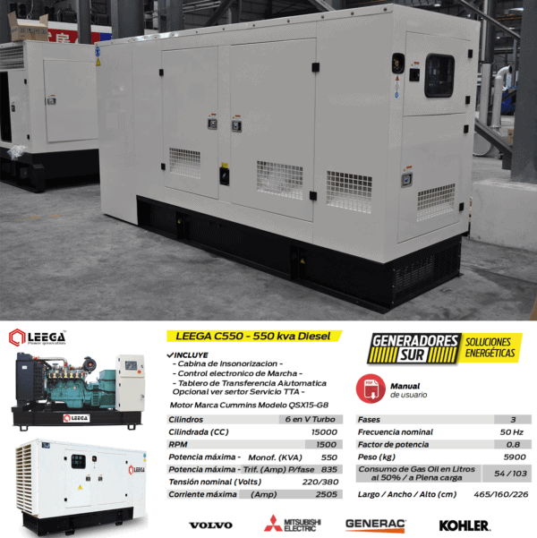 Generador Leega Diésel Trifásico Cabinado C550CS 550kva Trifásico - Imagen 2