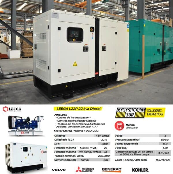 Generador Leega Diésel Trifásico Cabinado LG22P 22 KVA TRIFASICO - Imagen 2