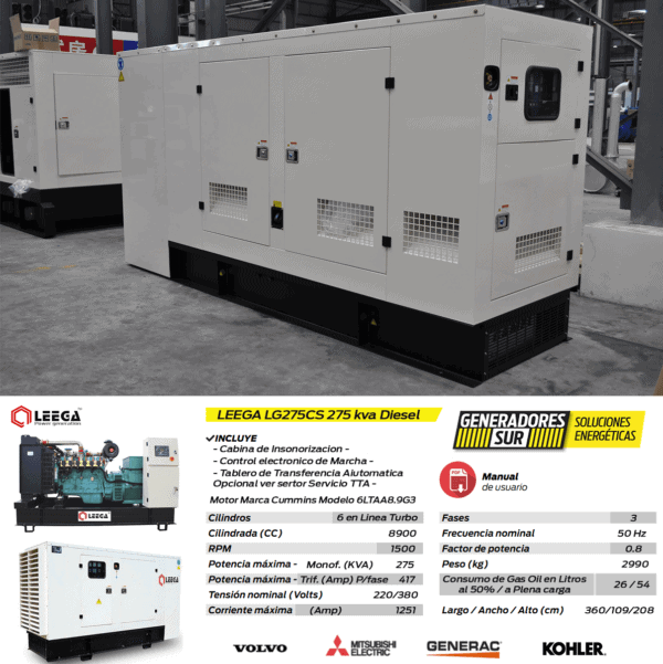 Generador Leega Diésel Trifásico Cabinado LG200CS 200kva Trifásico - Imagen 2