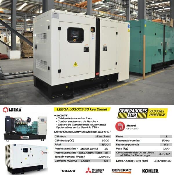 Generador Leega Diésel Trifásico Cabinado LG30CS 30kva - Imagen 2