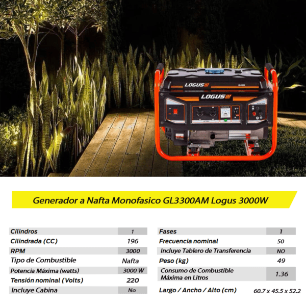 Grupo Electrógeno a Nafta GL3300AM Logus 3000W - Imagen 3