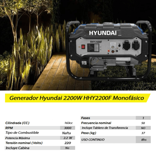 Grupo Electrógeno a Nafta 2200W HHY2200F Hyundai - Imagen 6