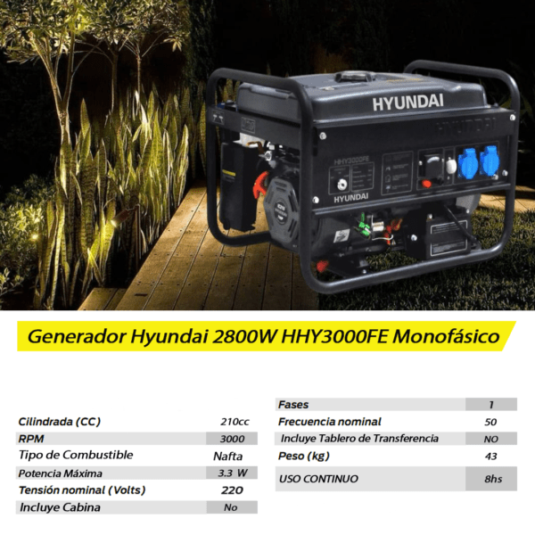 Grupo Electrógeno a Nafta 2800W HHY3000FE Hyundai - Imagen 6