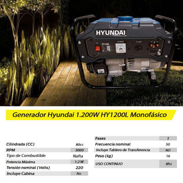 Grupo Electrógeno Hyundai 1.200W HY1200L - Imagen 6
